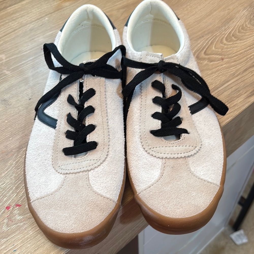 Vans Cream and Black Athletic Shoes with Suede Upper